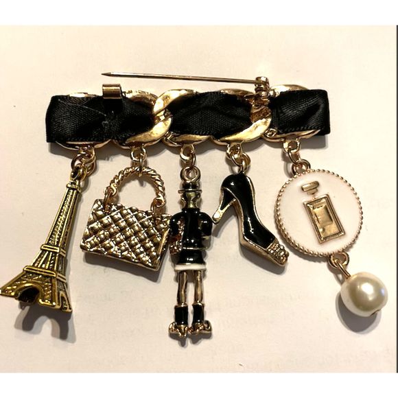 Brooch Pin with charms Satin Ribbon Gold Hardware - Picture 2 of 4